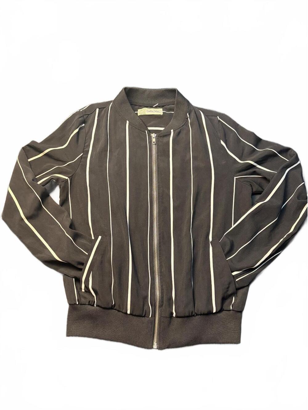 Womenโs Black Bomber Jacket with White Vertical Stripes